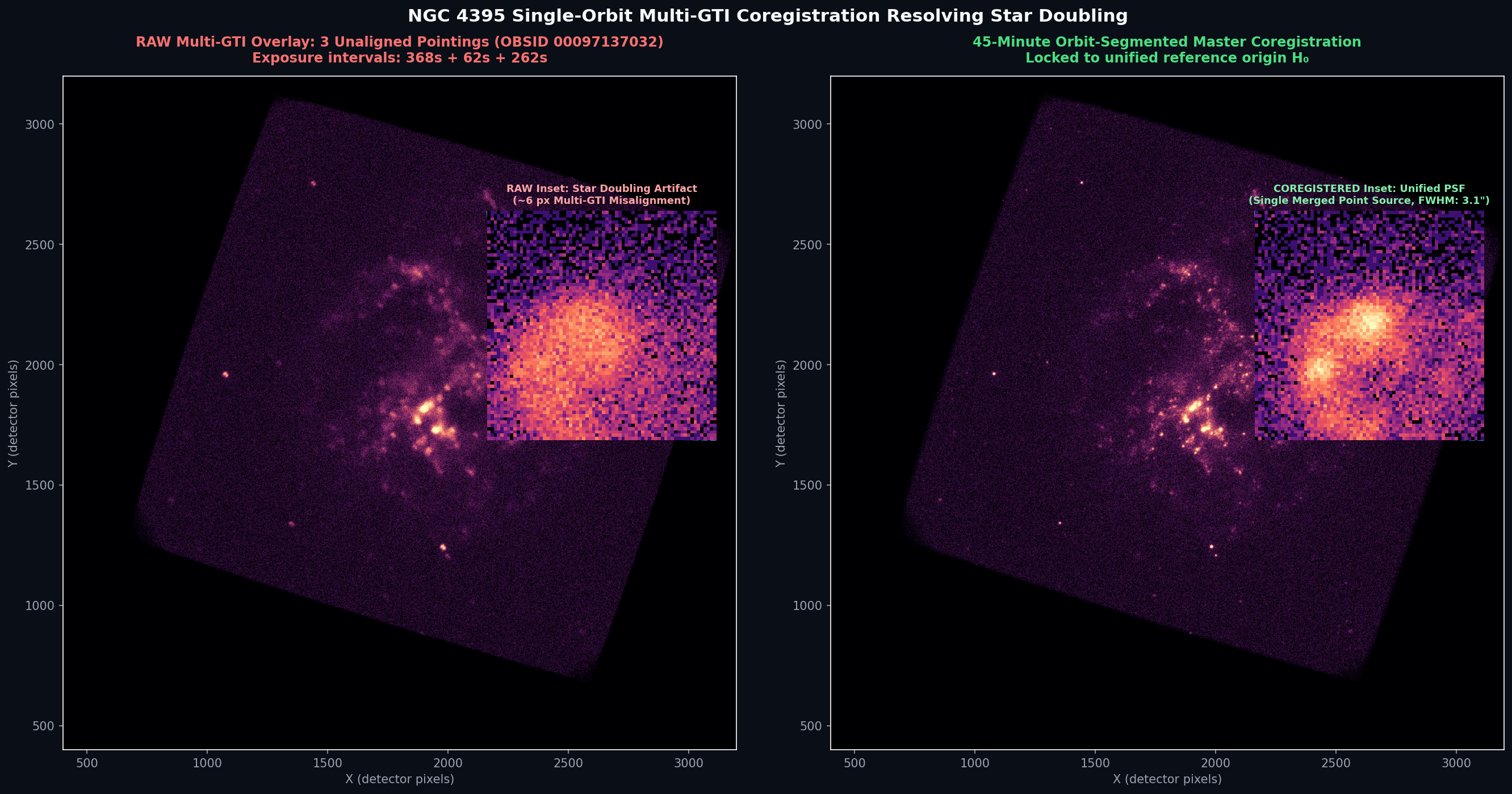 Multi-interval single-orbit coregistration on NGC 4395: Resolves 6-pixel star doubling across 3 unaligned exposures into single razor-sharp point sources.